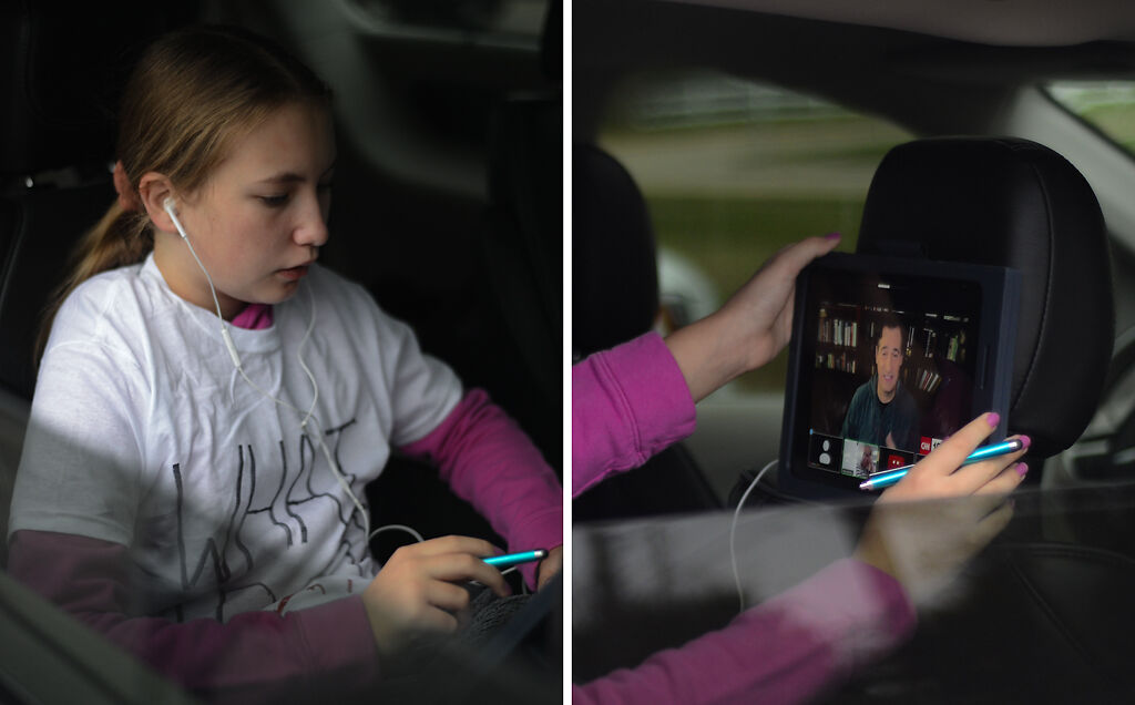 Annika Lindenbusch signs into her Zoom class from a car